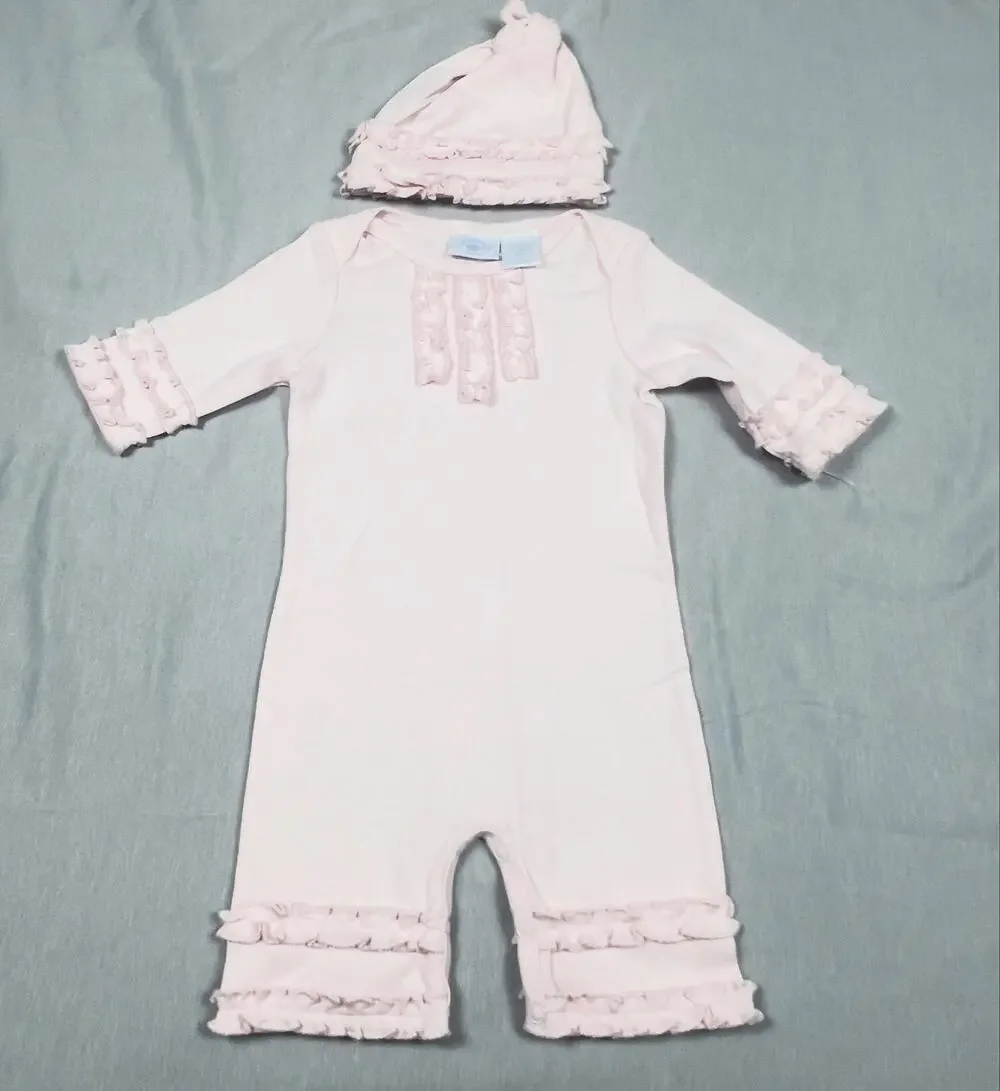 Hartstrings Baby Pink Ruffle Romper & Hat Set 6M Cotton NWOT Vintage Girl READ